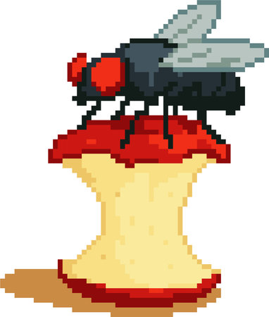 vector pixel art fly on mushroom isolated on white background. game assetのイラスト素材