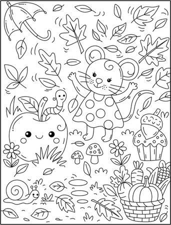 Coloring book for children. Cute mouse among the autumn leaves.のイラスト素材
