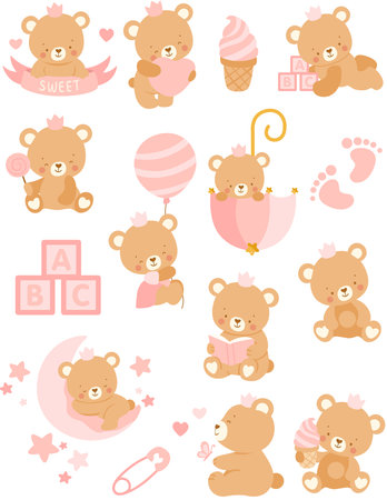 Set of cute teddy bears in pastel colors, vector illustrationのイラスト素材