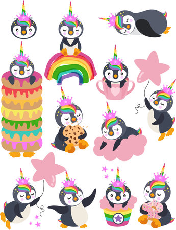 Set of cute cartoon penguins with rainbow and cake. Vector illustration.のイラスト素材