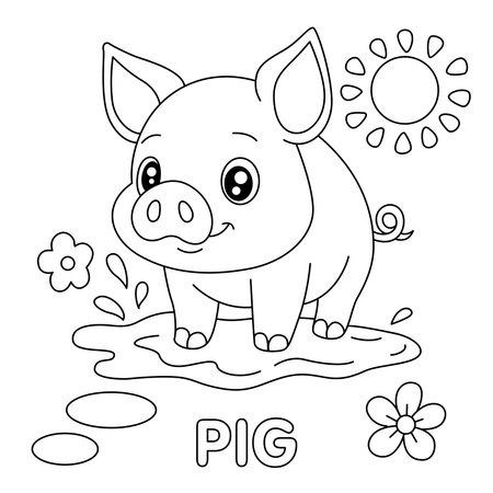 Coloring book for children, Pig with a flower. vector illustrationのイラスト素材