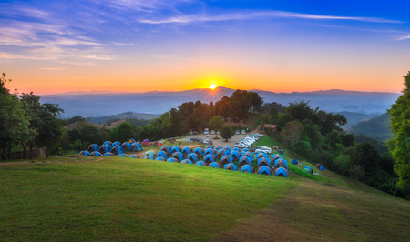 Camping in high mountains in the morning with mist  at Nan,Thailand.の写真素材