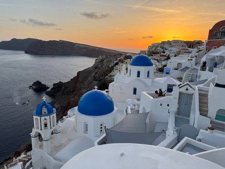 Sunset at Oia village on Santorini island, Greeceの写真素材