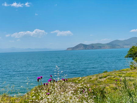 Beautiful summer landscape with sea and mountains. Crimea, Ukraine.の写真素材