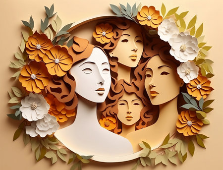Happy women's with of different frame of flower. Paper art style.の素材