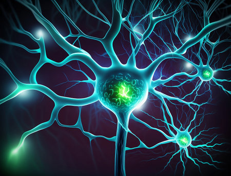Conceptual illustration of neuron cells with glowing link knots. Blue green Neurons in brain on with focus effect.の素材