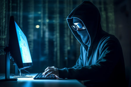 Hacker in hood glasses working at computer typing text in dark room. computer hacker or Cyber attack.の素材