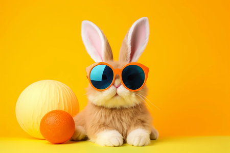 bunny with sunglasses on colorful background.の素材