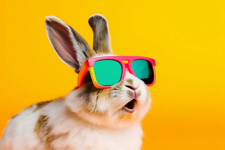 Bunny open mouth with sunglasses on colorful background.の素材