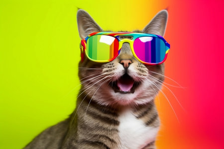 Cat open mouth with sunglasses on colorful background.の素材