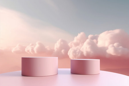 3D illustration two podium for display or show cosmetics with background of beautiful sky pastel pink tones. display stand or product presentation.の素材