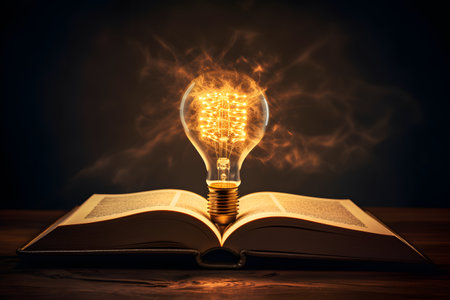 Glowing light bulb and book. Idea of learning. self learning or education knowledge.の素材