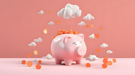 3d design Pink Pig piggy bank and gold coins. finance savings investment concept. financial management.の素材