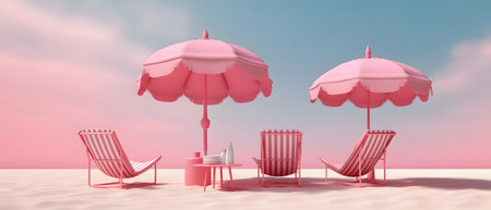 beach umbrellas and chairs with sky background. pink tone.の素材