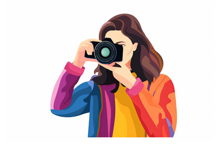 Young woman holding a camera. Vector illustration in a flat style.の素材