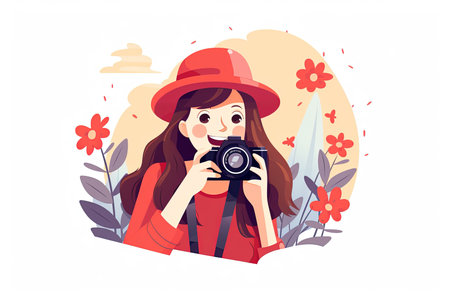 Young woman taking photo with camera. Vector illustration in flat cartoon styleの素材