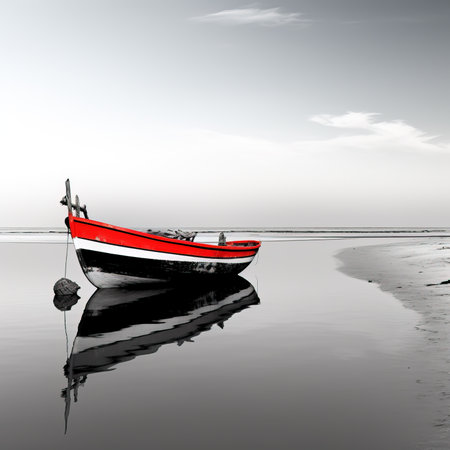 Fishing boat at low tide on the beach with reflection in waterの素材