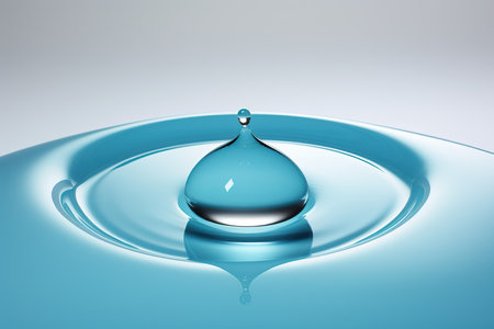 Water drop with reflection on water surface, 3d render illustration.の素材