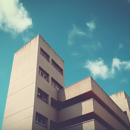Modern apartment buildings on a sunny day with a blue sky. Facade of a modern apartment buildingの素材
