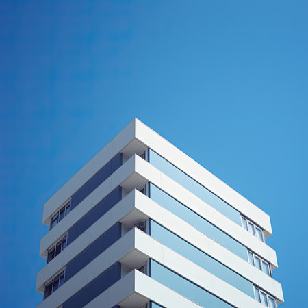 Modern apartment buildings on a sunny day with a blue sky. Facade of a modern apartment building.の素材