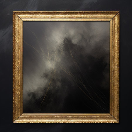 Old vintage gold frame on a black wall. Design template. Mock upの素材