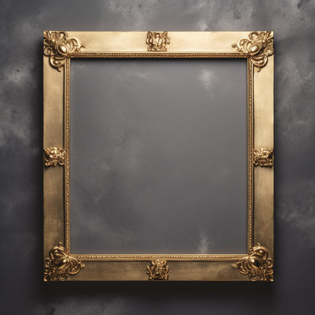 blank golden picture frame on cement wall background with copy space for designの素材