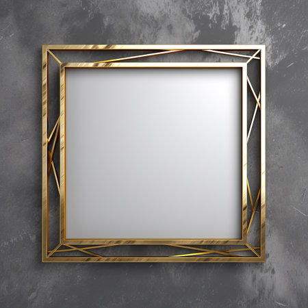 Golden frame on concrete wall. 3d rendering. Computer digital drawing.の素材