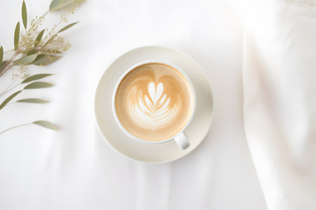 Cup of coffee with latte art on white fabric background.の素材