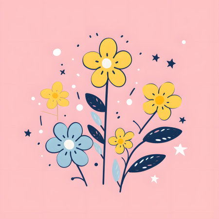 Flowers and stars on pink background. Hand drawn vector illustration.の素材