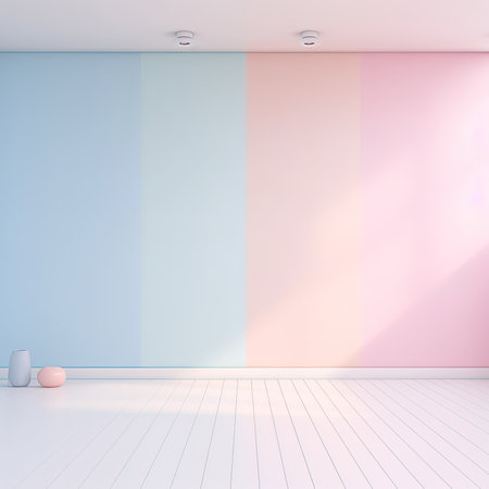 Interior of modern bright room with white floor and blue walls, 3d renderの素材