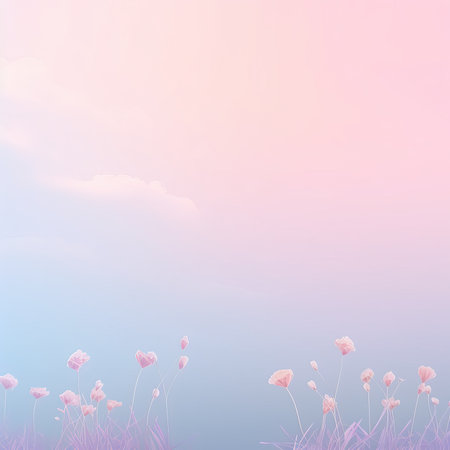 Beautiful meadow with pink flowers and blue sky background. Vector illustration.の素材