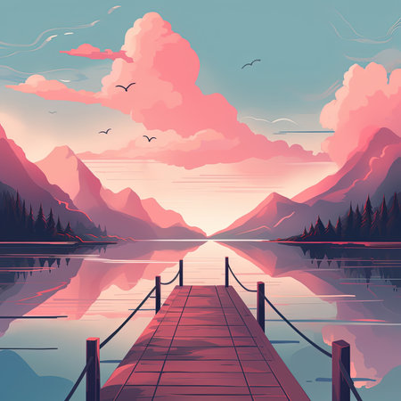 Mountain lake landscape with pier. Vector illustration in flat style.の素材
