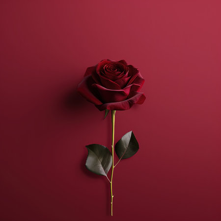 Red rose on a red background. Flat lay, top view.の素材