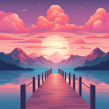 Wooden pier on a lake at sunset. Vector cartoon illustration.の素材