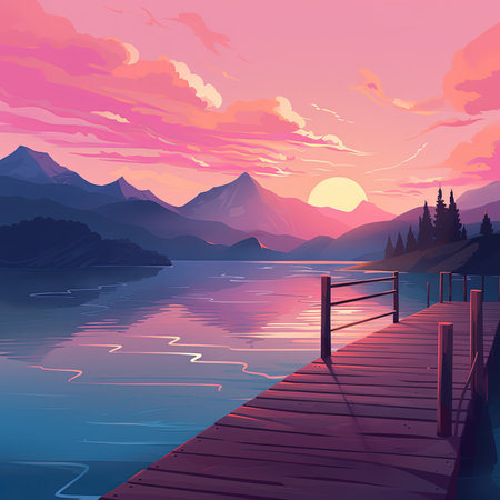 Wooden pier on the mountain lake at sunset. Vector illustration.の素材