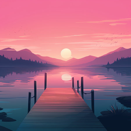Wooden pier on a lake in the mountains at sunset. Vector illustrationの素材