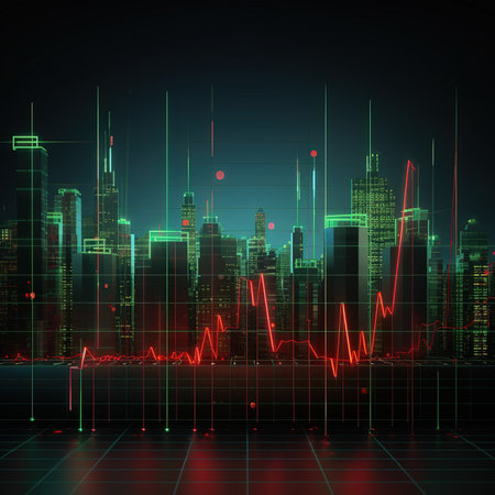 abstract night city background with glowing forex chart. vector illustrationの素材