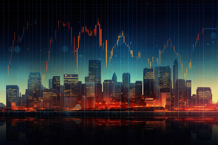 Stock market graph on the background of the night city. Vector illustrationの素材