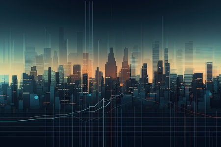 Futuristic city background with skyscrapers and forex graphの素材