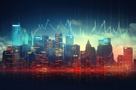 Futuristic city background with glowing forex chart. Finance and trade concept. Double exposureの素材