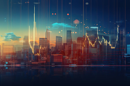 Futuristic city background with glowing forex chart. Stock market concept. Double exposureの素材