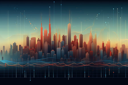 Vector illustration of a cityscape with skyscrapers and forex graphの素材