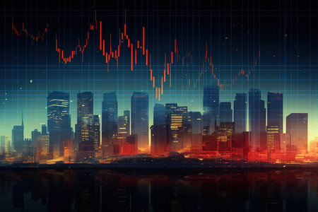 Financial chart on the background of the night city. Vector illustration.の素材