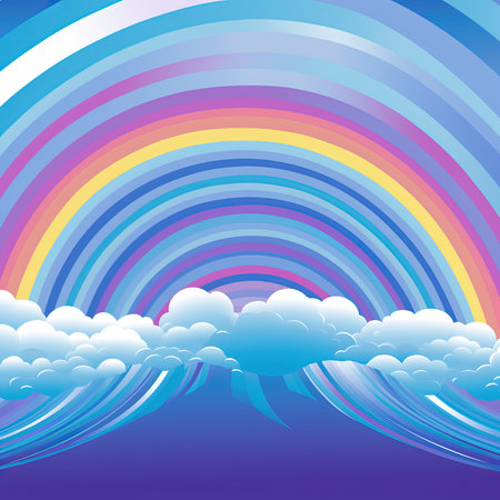 Rainbow and clouds on blue background. Vector illustration for your designの素材