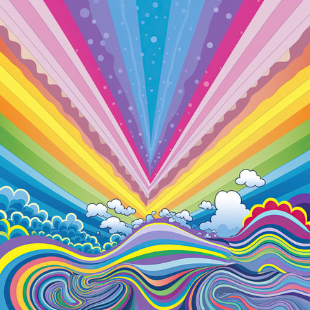 Rainbow background with clouds and rainbow. Vector illustration for your designの素材