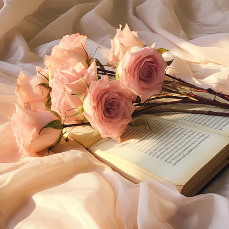 Bouquet of pink roses and an open book on a white clothの素材