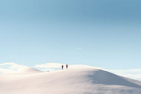 Man and woman walking on the top of sand dune in desertの素材