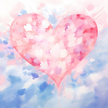 Watercolor heart on a blue sky background with clouds and flowers.の素材