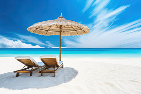 Beach chair with umbrella on tropical sand beach. 3d renderの素材
