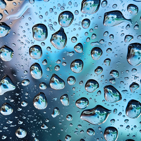 Water drops on glass with blue sky as background. Close up.の素材